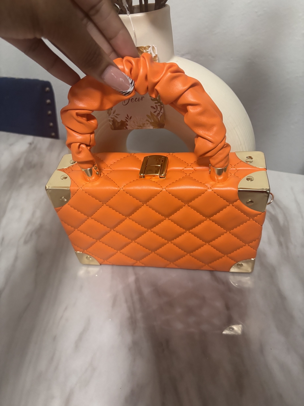 Orange Quilted Top-Handle Box Bag